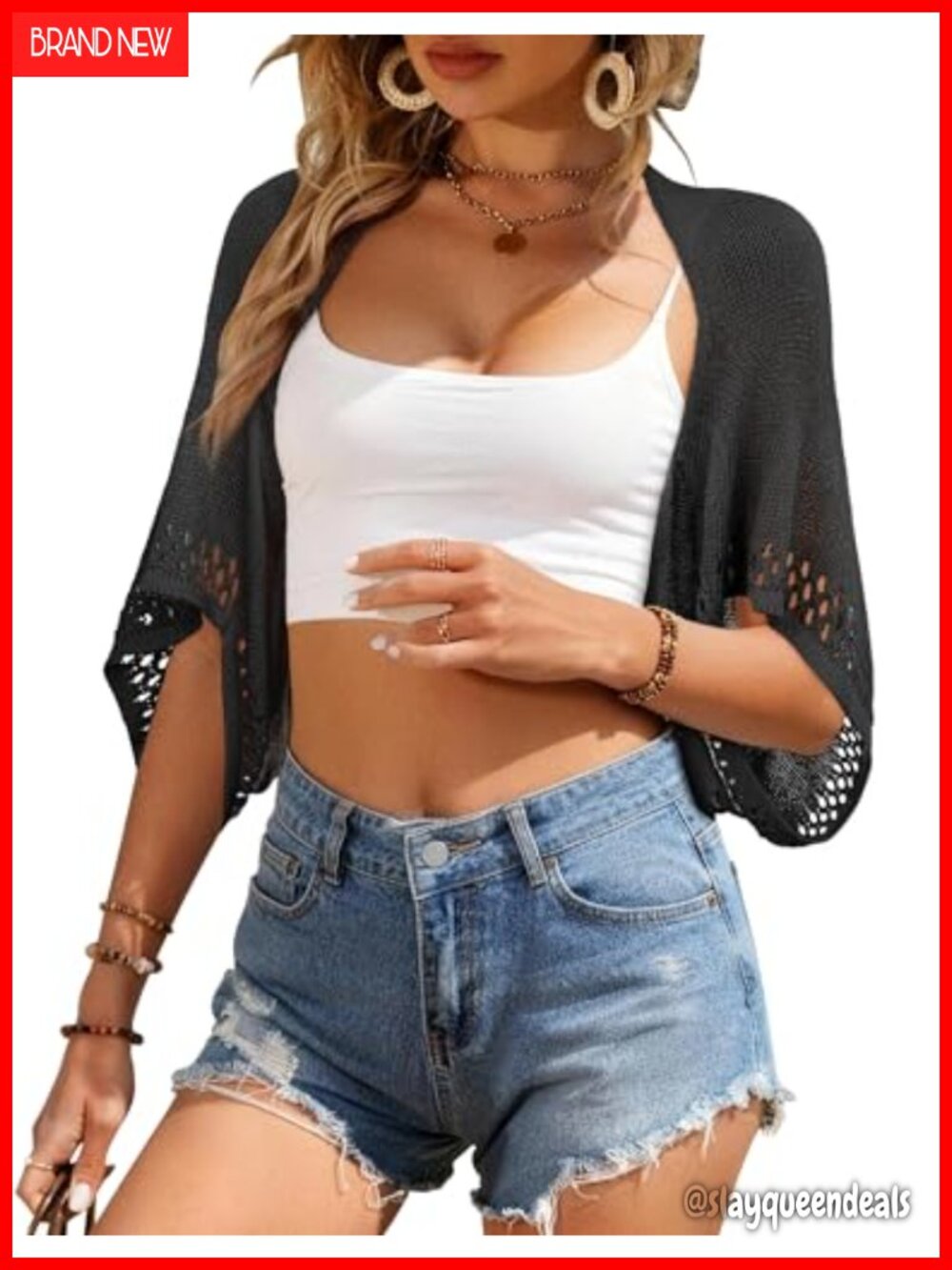 Crochet Shrug Batwing 3/4 Sleeve Lightweight Summer Cardigan